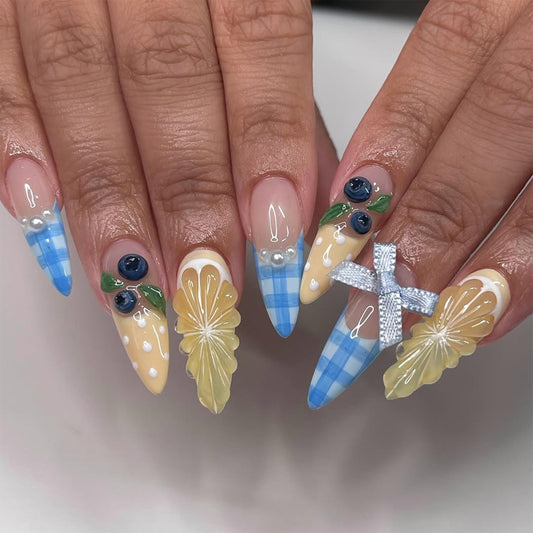Summer Gingham Fruit Press On Nails Blueberry Lemon Design