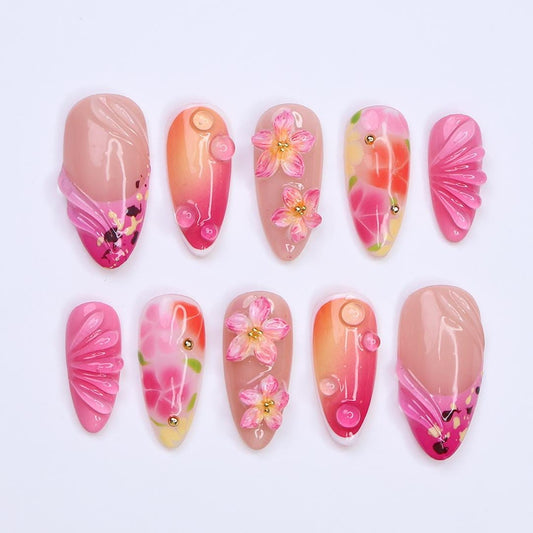 Summer Ombre Nails with 3D Pink Flowers