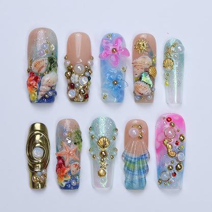 Summer Ocean Press-On Nails with 3D Seashell and Starfish Charms