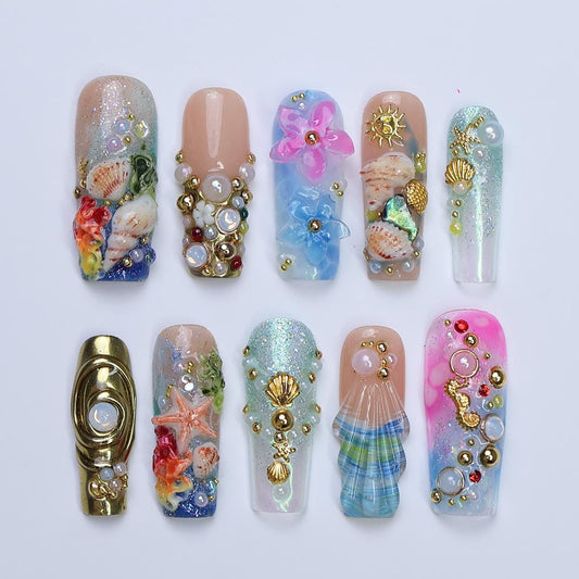 Summer Ocean Press-On Nails with 3D Seashell and Starfish Charms