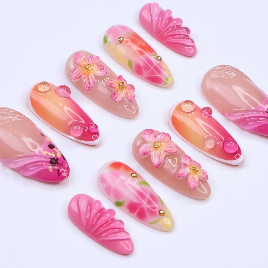 Summer Ombre Nails with 3D Pink Flowers