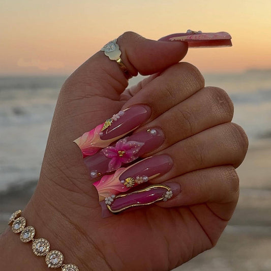 Sunset Bloom Press On Nails  - Tropical Sunset Floral Press On Nails