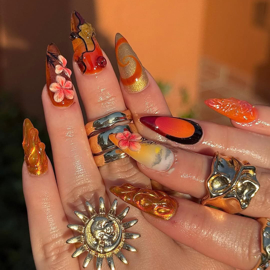Sunset Flame Press On Nails Orange Gold Fire Glam Set