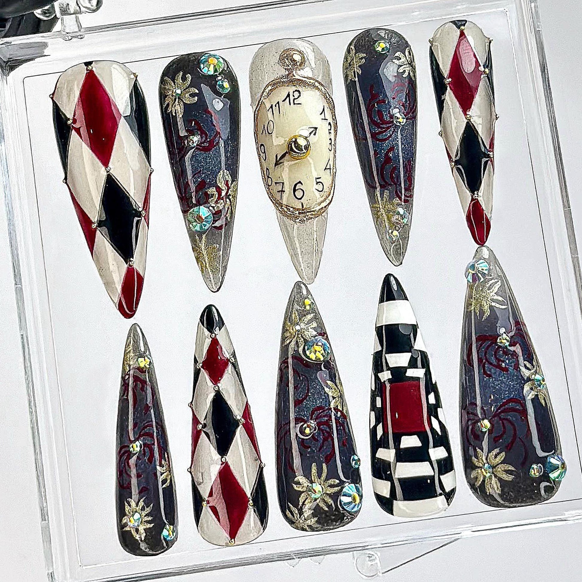 Surreal Harlequin Clock Art Press On Nails Set