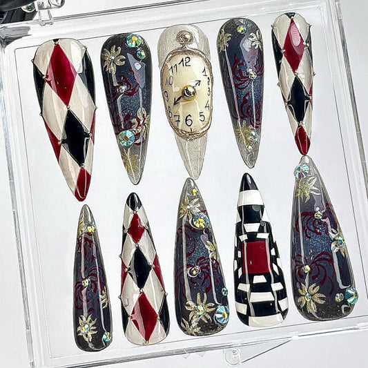 Surreal Harlequin Clock Art Press On Nails Set