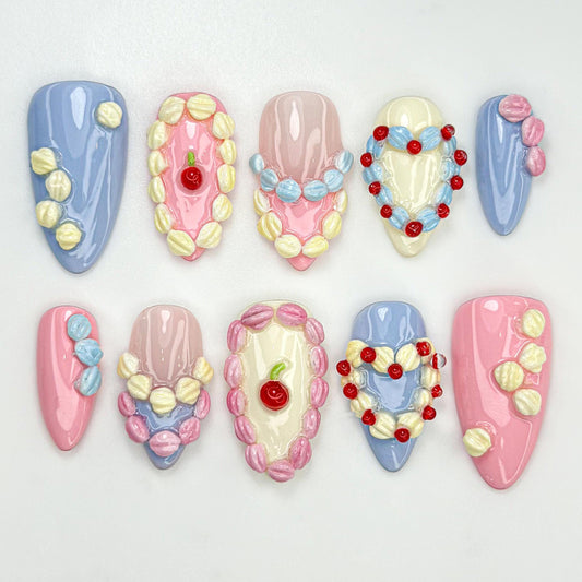 Sweet Creamy Press-On Nails with Heart and Cherry.