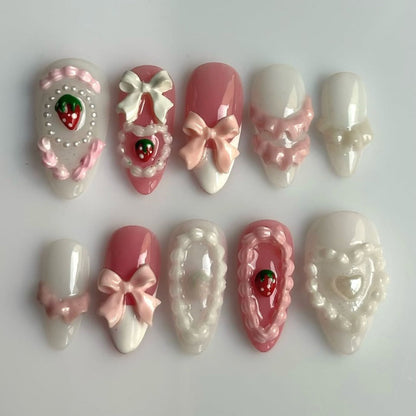 Sweet Strawberry Bow 3D Press On Nails in Pink and White