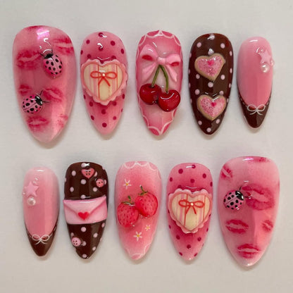 Sweet Strawberry Dessert Press On Nails Handmade Pink Cute Set