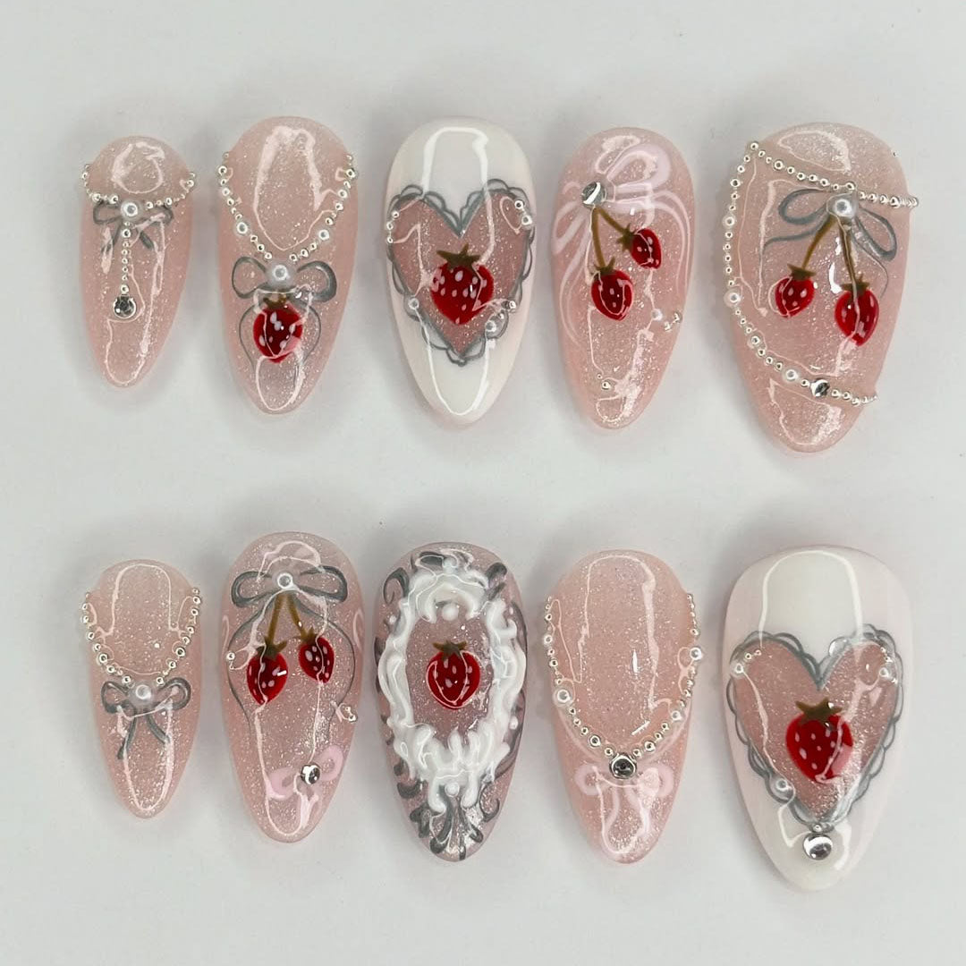 Sweet Strawberry Press On Nails Handmade Pink Dessert Set