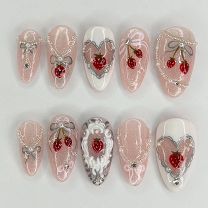 Sweet Strawberry Press On Nails Handmade Pink Dessert Set