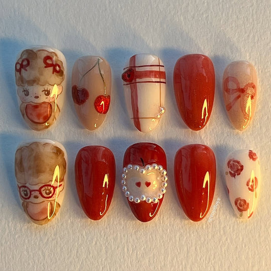 Sweetheart Kawaii 3D Press-On Nails with Cherries, Bows & Pearls