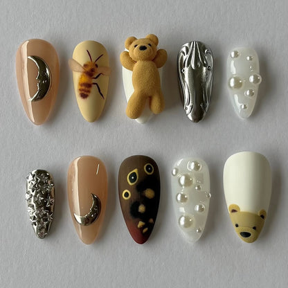 Teddy Bear Art Press On Nails Handmade Cute Long Set