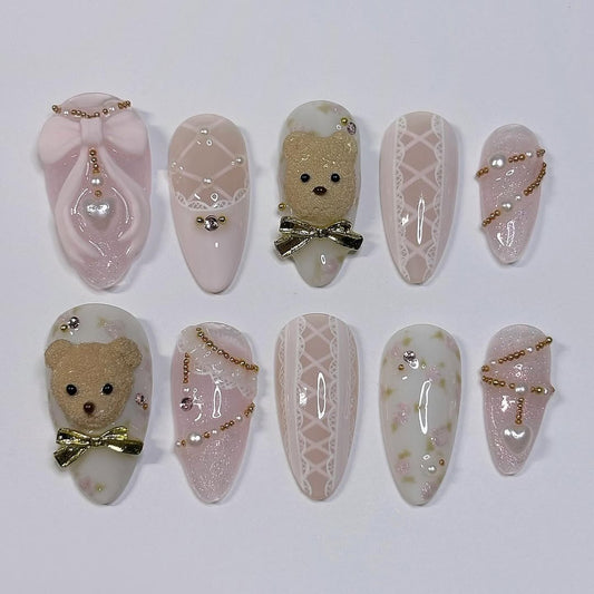 Teddy Bear and Bow Press On Nails with Lace Details and Soft Pink Accents