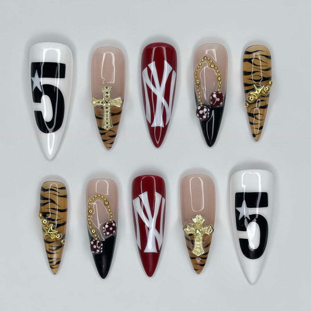 Tiger Print Red and Black Press On Nails with Cross and Dice Accents