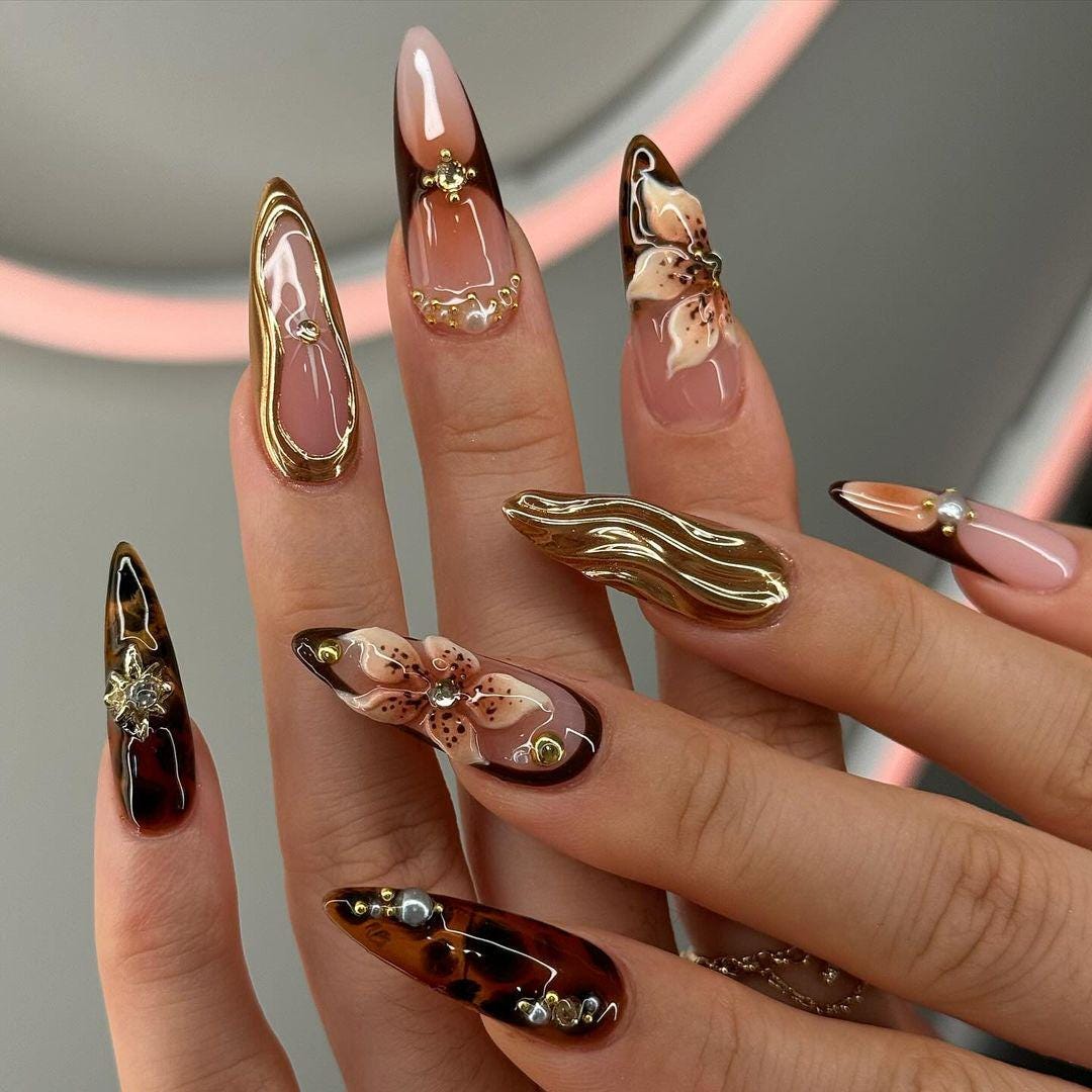Tortoise Shell Floral Gold Press On Nails