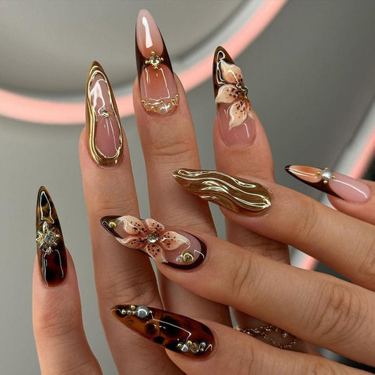 Tortoise Shell Floral Gold Press On Nails