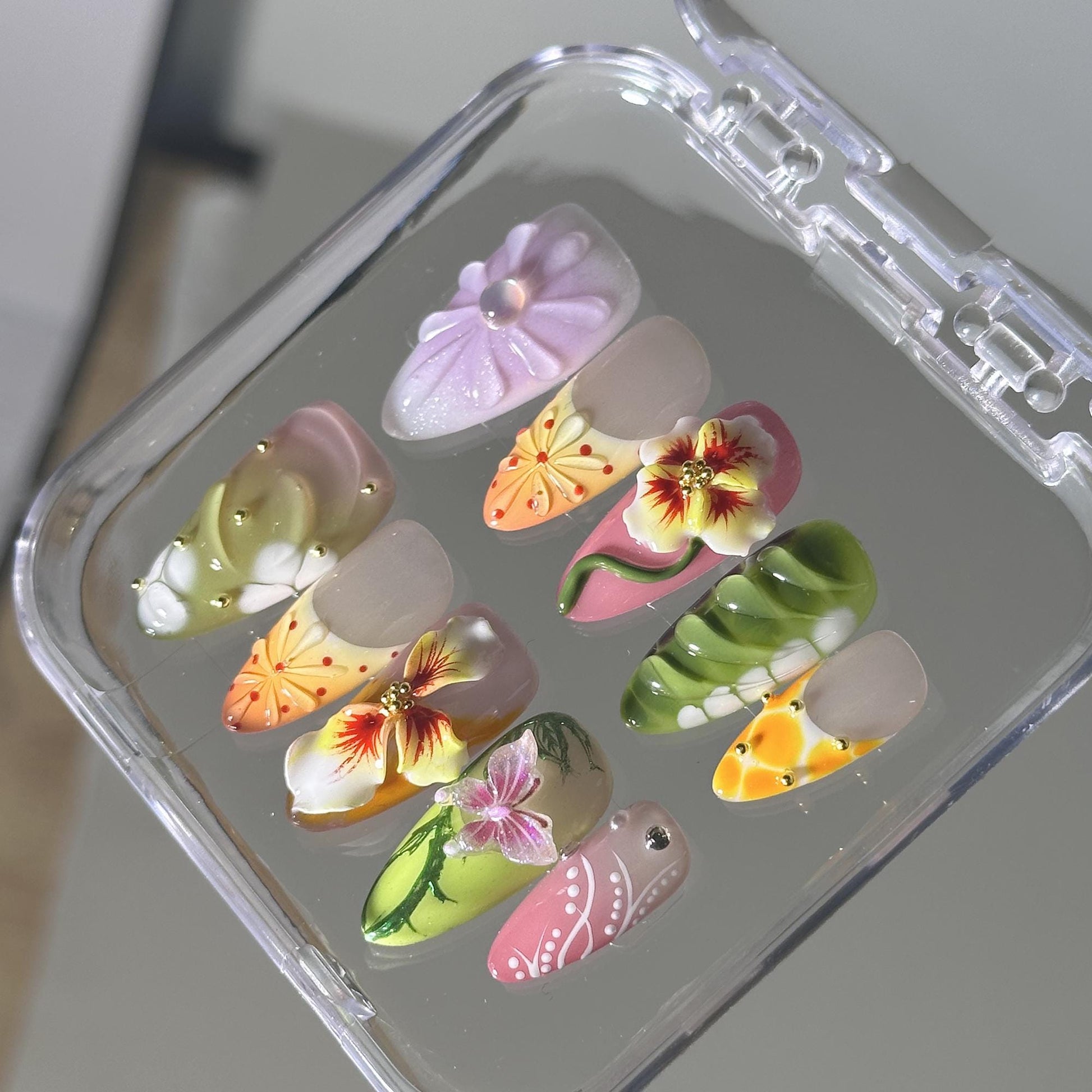 Trendy Bloom Press On Nails – 3D Garden Art with Tropical Twist