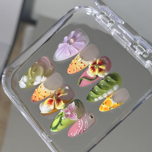 Trendy Bloom Press On Nails – 3D Garden Art with Tropical Twist