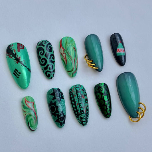 Tribal Green Chrome Press On Nails with Gold Ring Accents