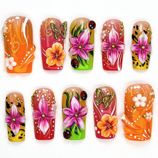 Tropical 3D Floral Press On Nail Set
