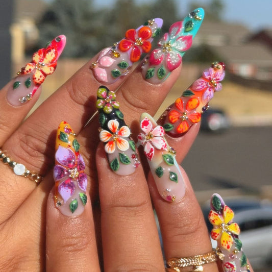 Tropical 3D Flower Press On Nails Rainbow Garden Set