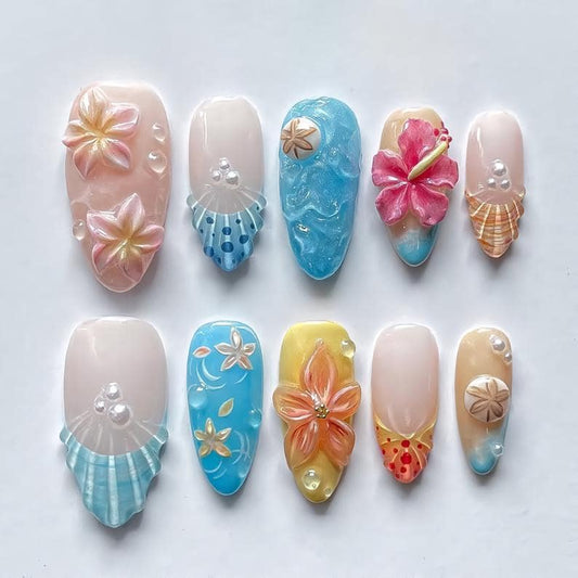 Tropical Beach Press On Nails 3D Floral Set