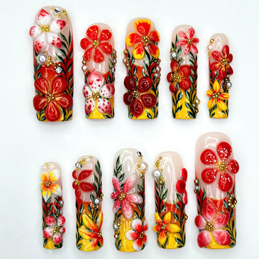 Tropical Bloom Garden Press On Nails with 3D Floral Embellishments