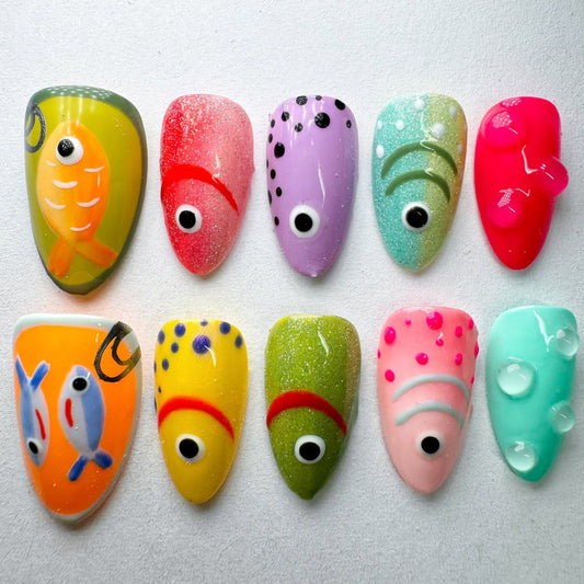 Tropical Fish Party Press On Nails with Playful 3D Bubbles