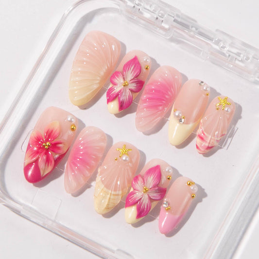 Tropical Floral Press On Nails – 3D Hibiscus & Seashell Design