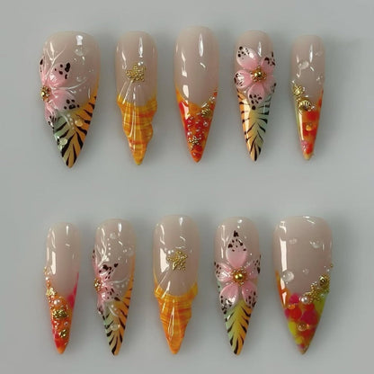 Tropical Hibiscus Seashell Stiletto Press On Nails Art Set