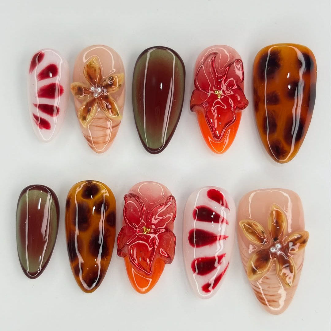 Tropical Orchid Floral Nails Handmade in Fiery Red and Amber Tones