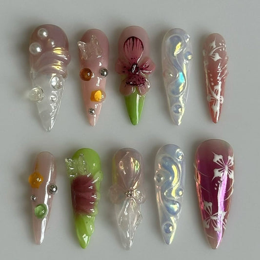 Tropical Orchid Hibiscus Crystal Pearl Handmade Nails
