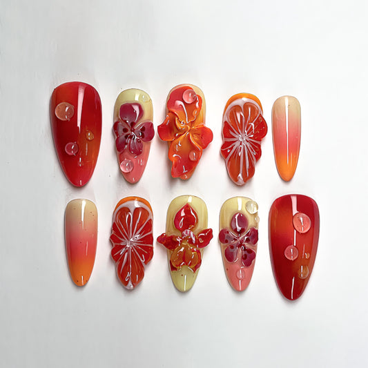 Tropical Red Orange 3D Flower Press On Nails