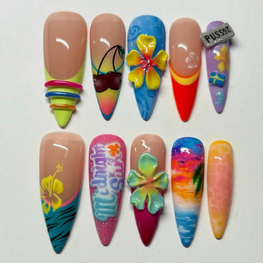Tropical Summer Press On Nails with Flowers and Beach Sunset Design