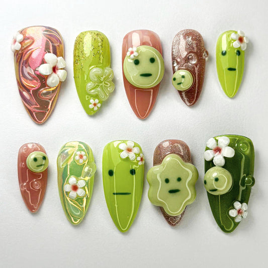Unique Green Emoji Nail Art Set - Trendy & Eye-Catching