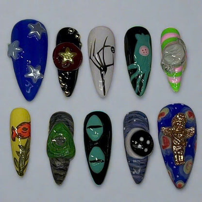 Unique Hand Painted Abstract Alien Star Angel Press On Nails