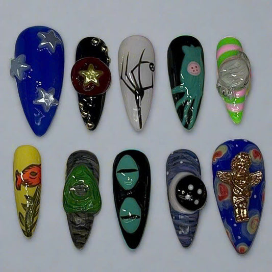 Unique Hand Painted Abstract Alien Star Angel Press On Nails