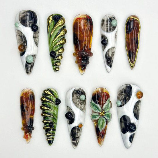 Unique Hand Painted Leaf Swirl Amber Marble Abstract Press On Nails