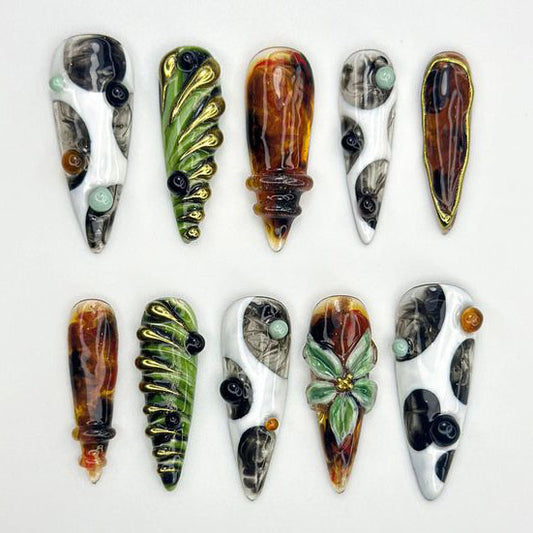 Unique Hand Painted Leaf Swirl Amber Marble Abstract Press On Nails