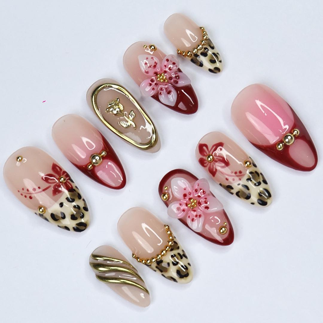 Leopard Print 3D Flower Press On Nails