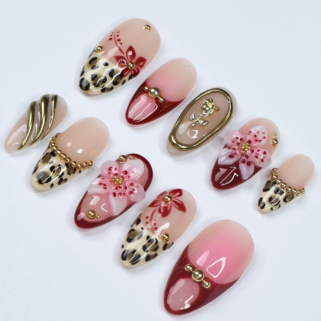 Leopard Print 3D Flower Press On Nails