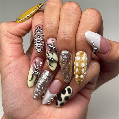 Velvet Polka Dot Chrome Press On Nails with Metallic Details