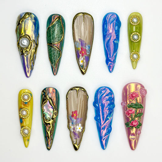 Vibrant 3D Floral Metallic Nail Art Set