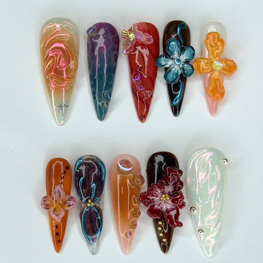 Vibrant 3D Floral Press-On Nails, Glow Set