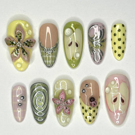 Vibrant 3D Floral Swirl Press On Nails