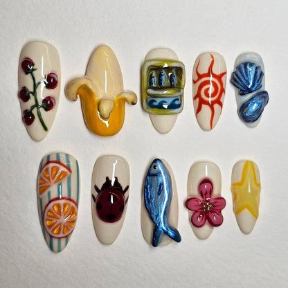 Vibrant 3D Nail Art Set - Unique Handcrafted Designs