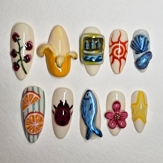 Vibrant 3D Nail Art Set - Unique Handcrafted Designs