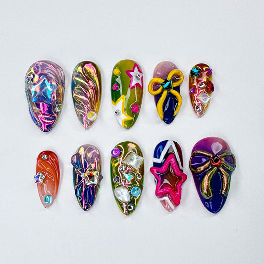Vibrant 3D Star & Bow Press On Nails