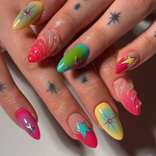 Vibrant 3D Star Swirl Rainbow Press On Nail Set
