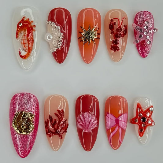 Vibrant Coral Ocean Stiletto Press On Nails with Glam
